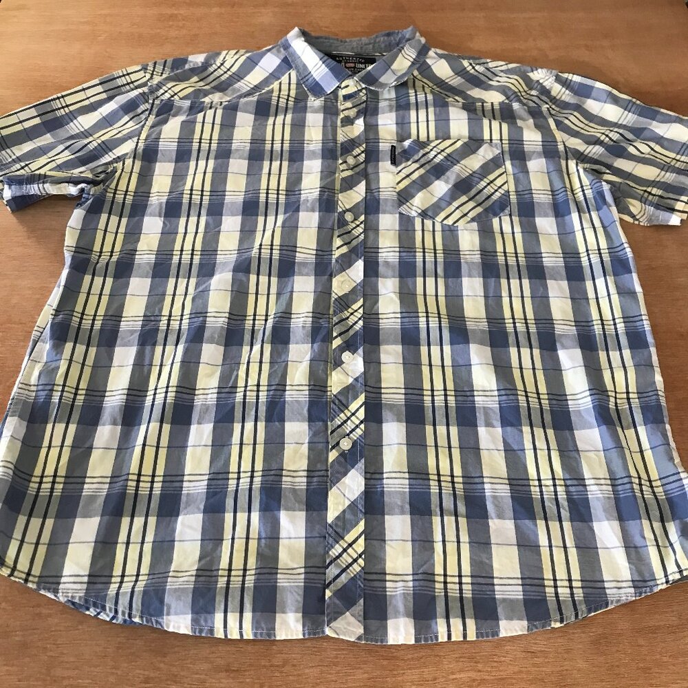 Echo Unltd Shirt Men 2XL Blue Plaid Button Up Pocket Short Sleeve Collared 17297